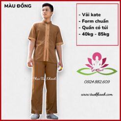 Đồ lam đi chùa cho nam vải kate kiểu lãnh tụ phối màu nâu nhạt MS067