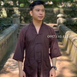 Đồ lam đi chùa cho nam vải kate màu nâu kiểu la hán
