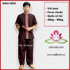 Đồ lam đi chùa cho nam vải kate kiểu lãnh tụ phối màu nâu MS053