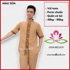 Đồ lam đi chùa cho nam vải kate kiểu lãnh tụ phối màu sữa MS051