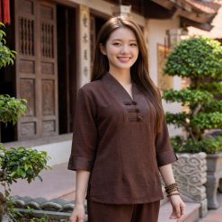 Đồ lam đi chùa cao cấp vải đũi Y phối gấm màu nâu đen MS387