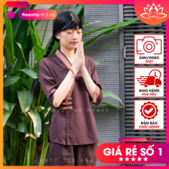 Mẫu đồ Lam Đi Chùa nữ kiểu xéo nhật 3 nút nâu gụ MS031