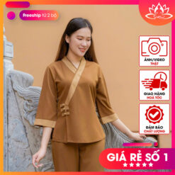 Mẫu đồ lam Đi Chùa nữ kiểu xéo nhật 3 nút màu đồng MS031