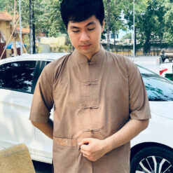 Đồ lam đi chùa cho nam vải tixi kiểu lãnh tụ tay ngắn màu bò