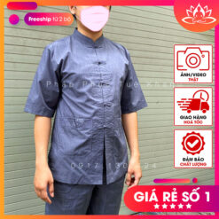 Đồ lam đi chùa cho nam vải tixi kiểu lãnh tụ tay ngắn màu xanh MS047