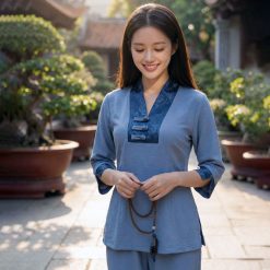Đồ lam đi chùa cao cấp vải đũi Y phối gấm màu xanh MS387
