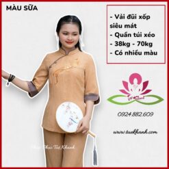 Đồ lam đi chùa cho nữ vải đũi vân mây thêu sen màu sữa