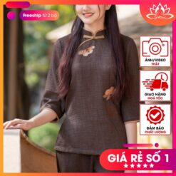 Đồ lam đi chùa nữ vải đũi vân mây thêu sen quạt màu nâu