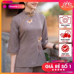 Đồ lam đi chùa nữ vải đũi vân mây thêu sen quạt màu socola