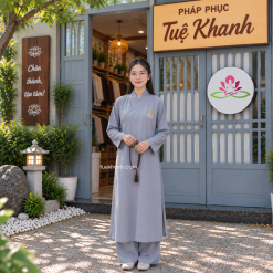 Áo tràng vải tầm ý thêu hoa sen A Di Đà Phật màu xám (không quần)